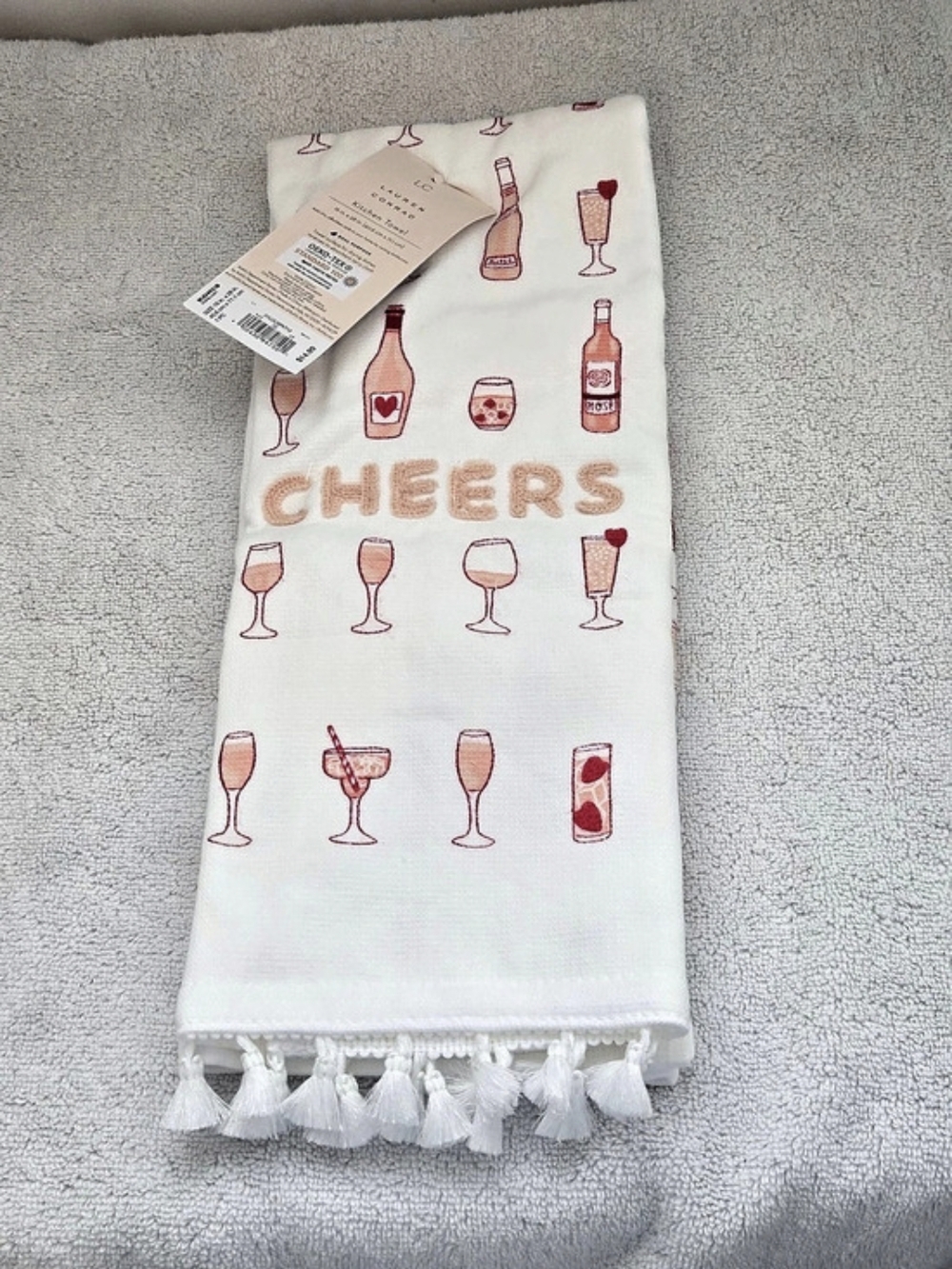 LC Lauren Conrad Cheers Wine Bottle Tassel Kitchen Towel NWT